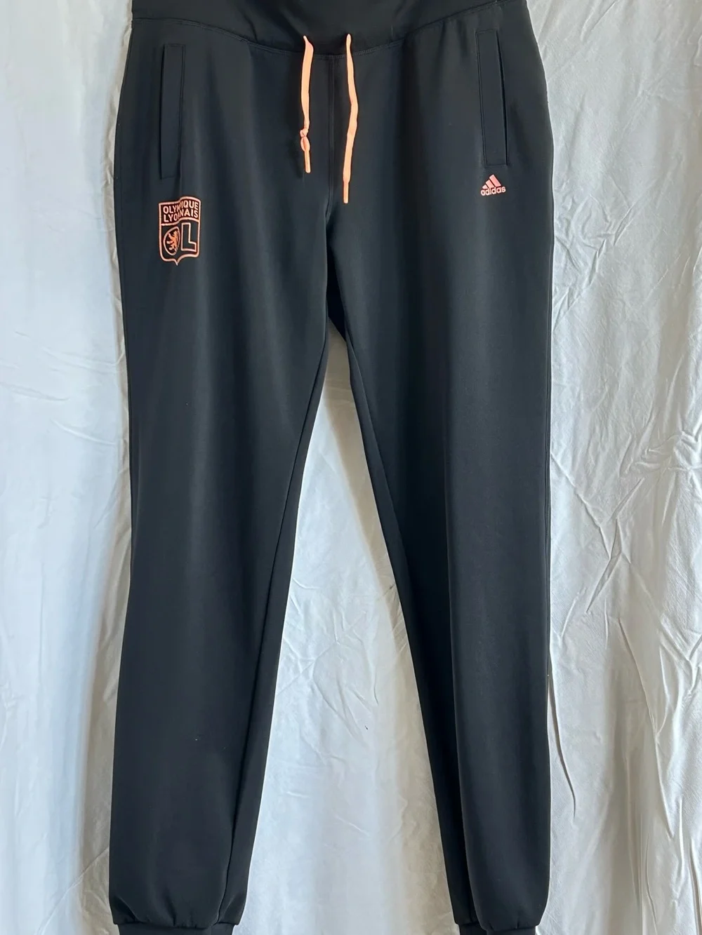 adidas Olympique Lyonnais Soccer Track Pants Black/Orange Drawstring Size M